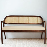 ONIJA Wooden Back Rest Rattan Bench – Walnut Finish, Stylish Seating for Living Room